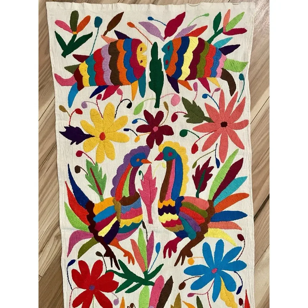Vintage Hand Embroidered Mexican Otomi Table Runner 74 x 16.75 in. Multicolored